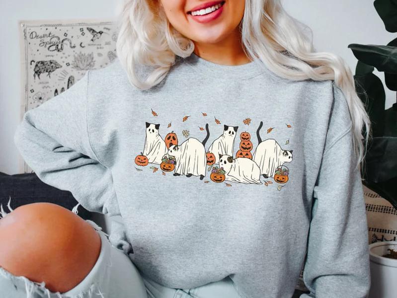 Halloween Ghost Cat Sweatshirt, Cat Halloween Sweatshirt, Cute Cats Halloween Shirt, Ghost Black Cat Shirt, Spooky Season Ghost Cats T-shirt