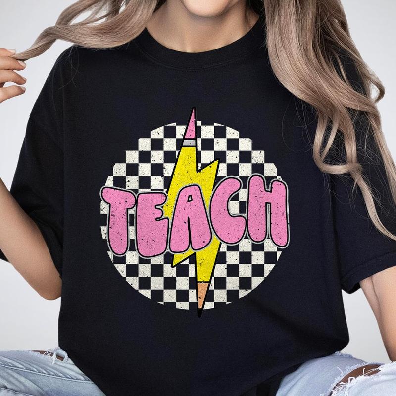 Checkered Teach Shirts, Pencil Lightning Shirt, Lightning Bolt Shirt, Teacher Appreciation Gifts, Shirt For Teacher, Retro Teacher T-shirt, Teacher Gi