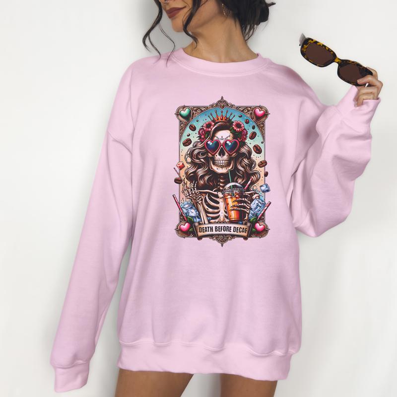 Death Before Decaf Unisex Crewneck Sweatshirt - Print is Sublimation, Christmas Crewneck, Gift Idea, Relaxed Fit, Casual Apparel