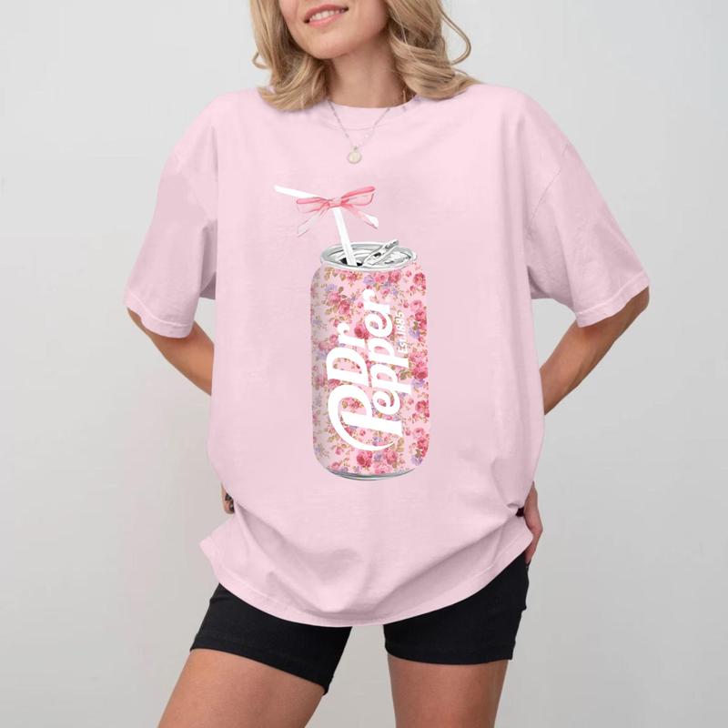 Dr Pepper T-Shirt, Soft Drink Novelty Gift Tee, Cute Pink Bow Graphic Apparel, Rosy Soda Can Shirt for Men's Gift Fashion T-Shirts