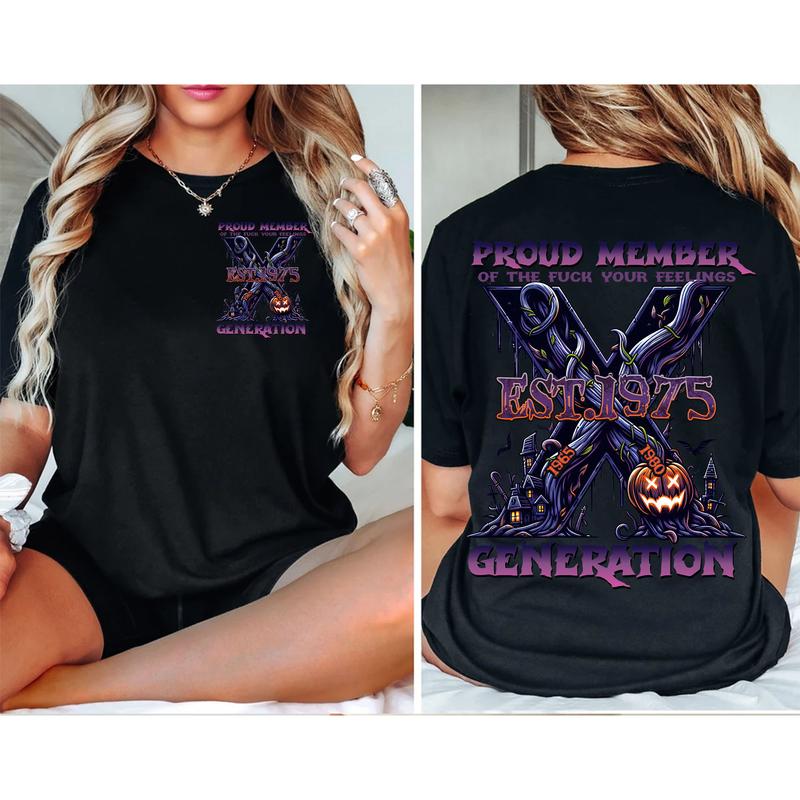 Custom Year Est.1975 Halloween GenerationX 2 Side Shirt, Halloween Pumpkin Proud Member GenX T-shirt, Generation X T-shirt