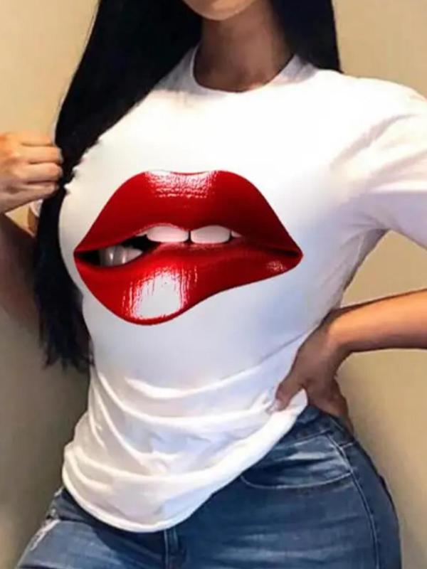 Women's Lip Print Round Neck Tee, Casual Short Sleeve Crew Neck T-Shirt for Summer, Fashion Women's Top for Daily Wear