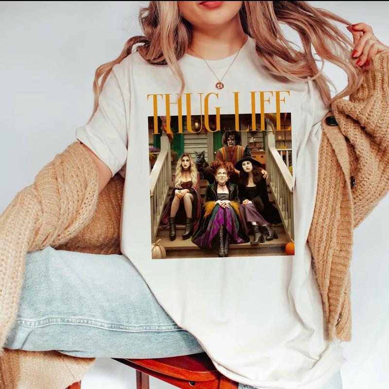 Thug Life Halloween Bad W1tches Shirt, Retro Halloween Character Shirt, Halloween S4nderson Sisters Gift Casual Cotton Fabric Sleeve Top Womenswear