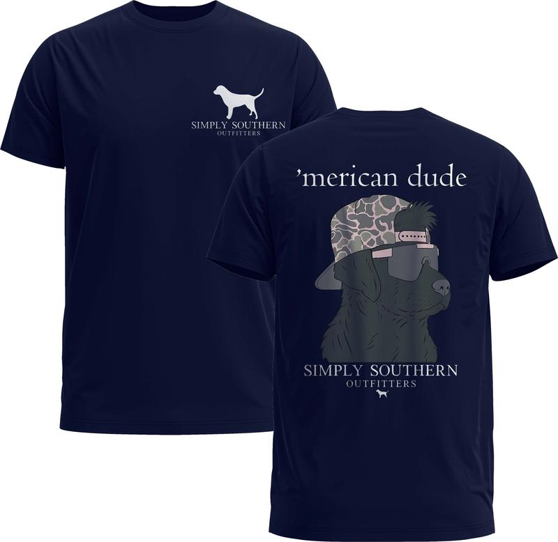 Simply Southern Camo Merican Dude 2 Sided Short Sleeve T-Shirt - Simply Southern Tee - Gildan 5000 Graphic Shirt, Heavy Cotton, Full Sizing & Colors