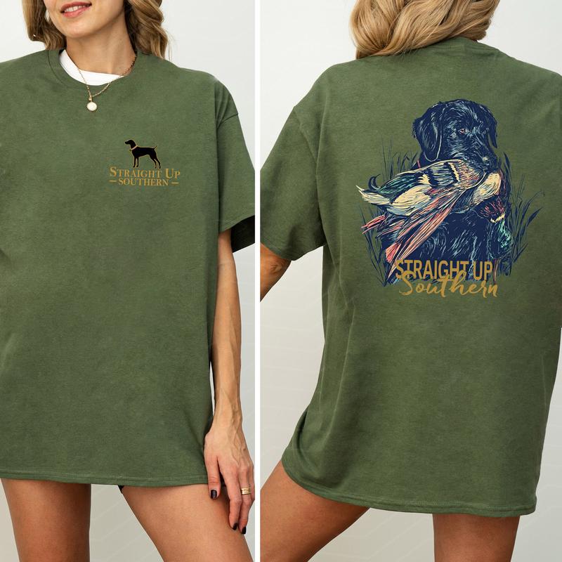 Straight Up Southern Hunting Dog 2 Sided Shirt, Comfort Clothing, Cotton Fabric Tshirt, Printed Women's Top, Casual Womenswear Collar Embroidered