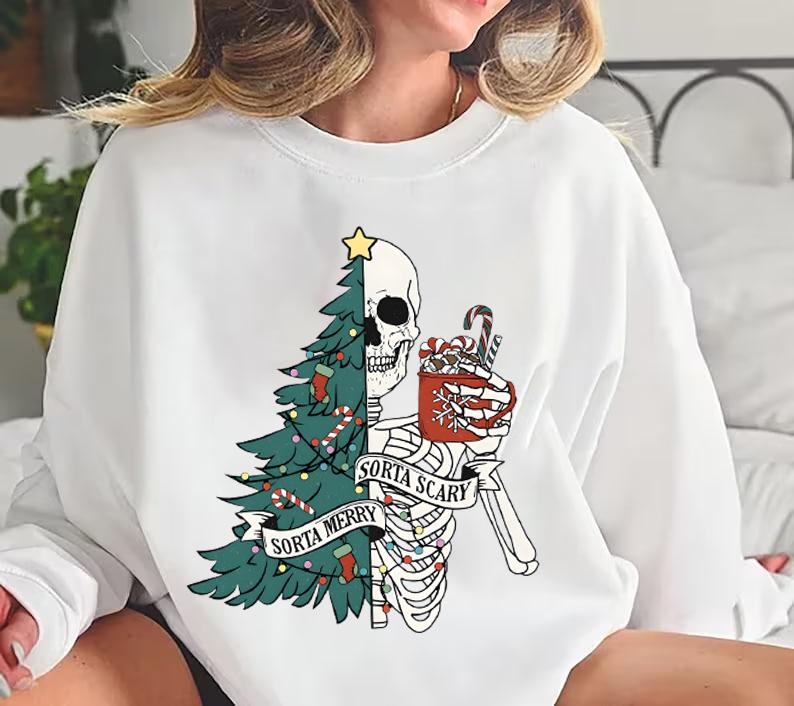 Sorta Merry Sorta Scary Crewneck Sweatshirt, Skeleton Christmas Sweater, Festive Holiday Sweatshirt, Funny Xmas Shirt, Ugly Xmas Sweater, Funny Christ