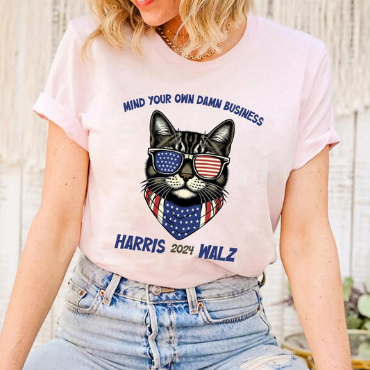 Mind Your Own Damn Business Shirt, Harris Walz 2024 Vintage Shirt, Walz Vice President Shirt, Cute Funny Cat Tshirt, President Harris Tee