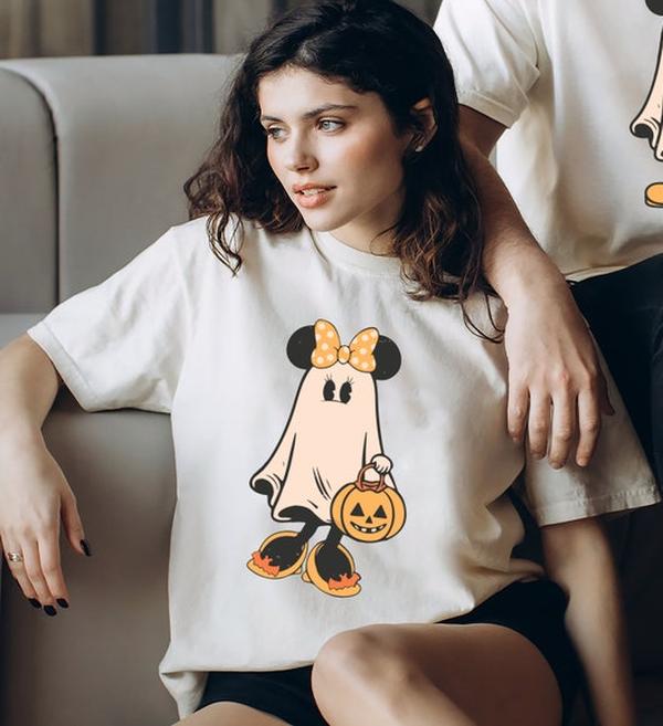 Retro M.1.ck.e.y M.1n.n1.e Halloween Couple Shirts, M.1n.n1.e Ghost Shirt, Spooky Season Shirt Comfort Cotton Fabric Womenswear