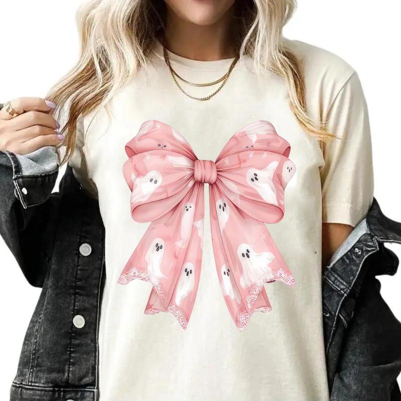 Pink Ghost Bow Coquette T-Shirt, Halloween Coquette Bow Shirt, Ghost Halloween, Halloween Shirt, Girly Halloween Shirt