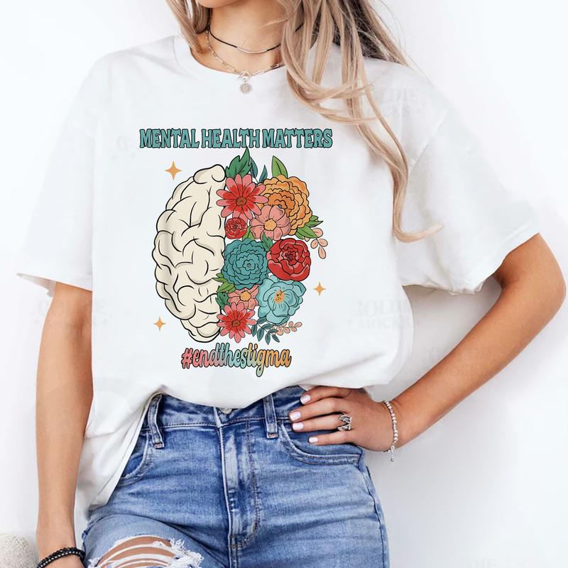 End The Stigma Flower Brain Mental Health Matters T-Shirt
