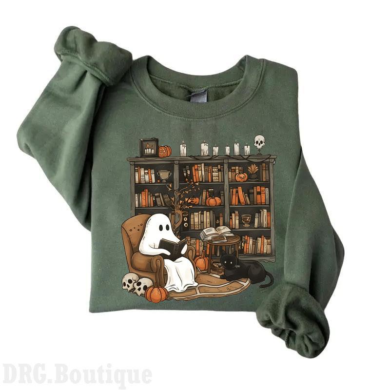 Retro Ghost Reading Books Crewneck Sweatshirt, Librarian Ghost Halloween 2024 Merch Women's Shirt, Halloween Teacher Sweatshirt, Halloween Gift Sweats