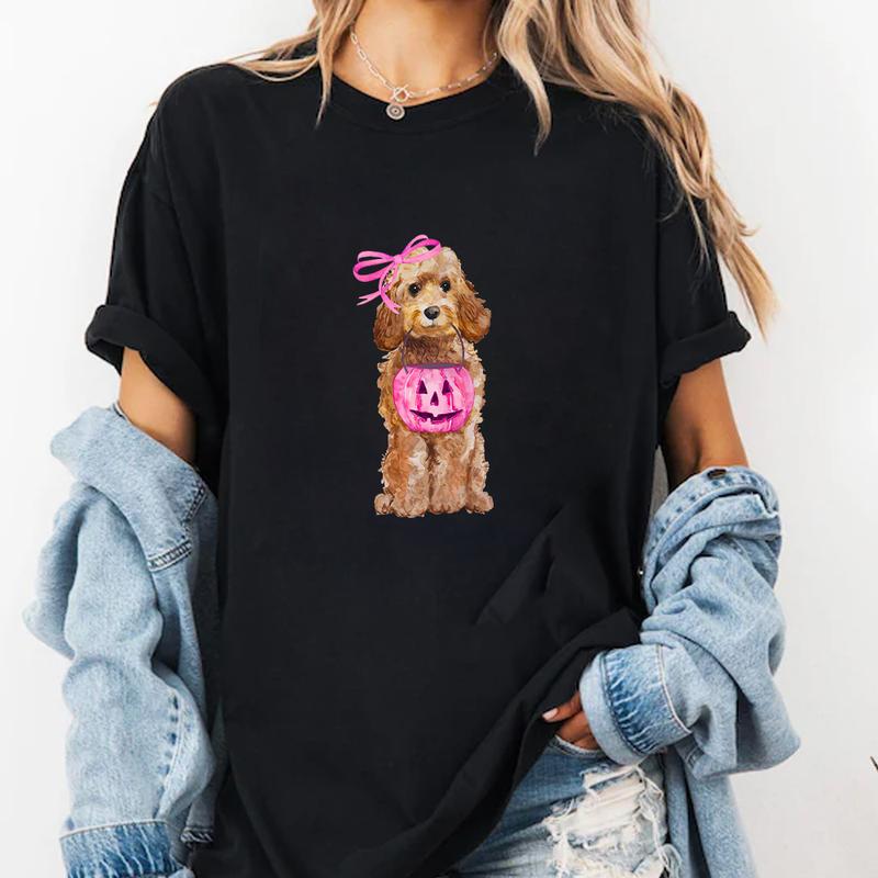Halloween Dog Shirt, Halloween Doodle Shirt, Labradoodle Shirt, Doodle Mom Gift, Labradoodle Dog, Pink Bow Coquette Halloween Shirt