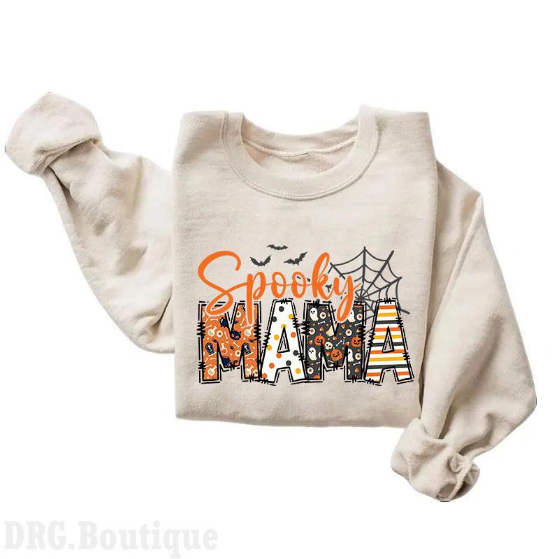 Mama Spooky Halloween Sweatshirt, Crewneck Fall Season Mommy Shirt, Spooky Vibes, Halloween 2024 Merch Women's Shirt, Halloween Gift Sweatshirt Cotton