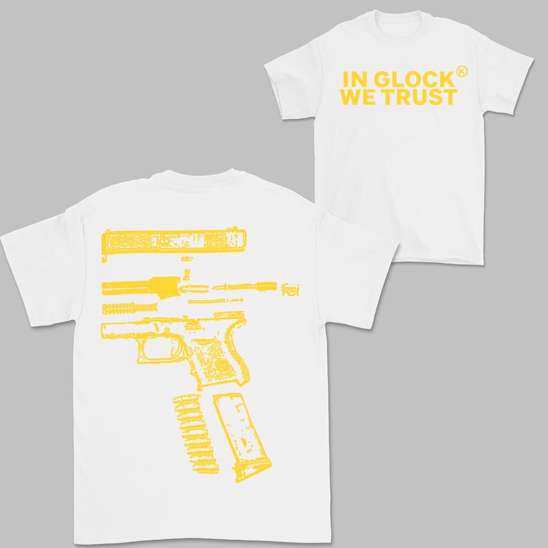 In Glock We Trust Double-Sided Yellow Design Shirt - Full Color Edition Menswear Top
