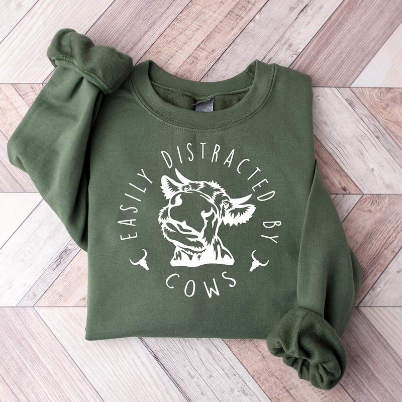 Easily Distracted By Cows Crewneck Sweatshirt, Hoodie, T-shirt