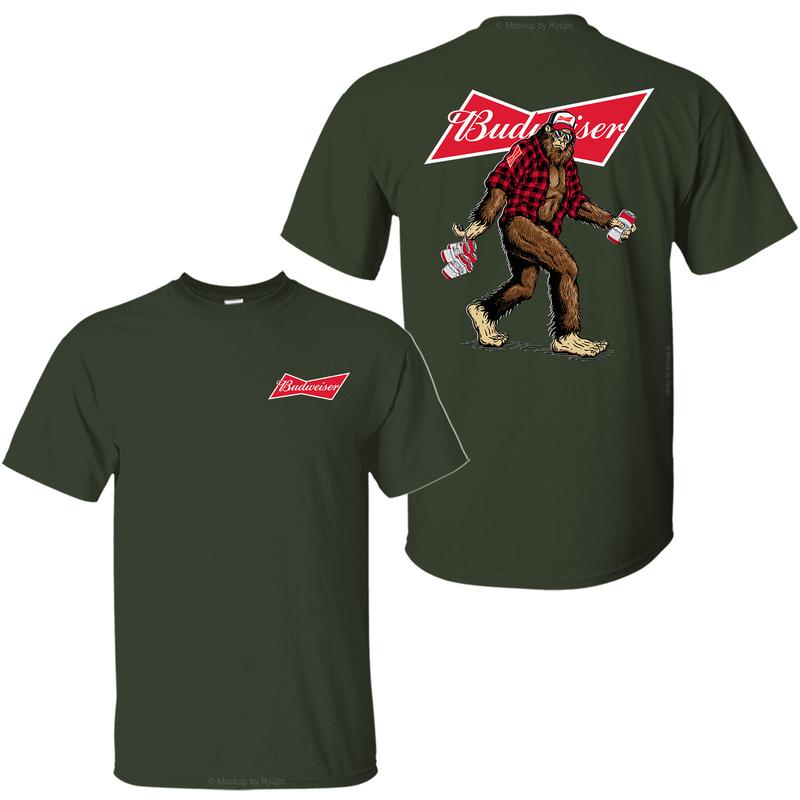 Bigfoot Budweiser T-Shirt, Sasquatch Holding Budweiser Beer Cans 2 Sided Graphic Printed Unisex Classic Comfort Cotton T-Shirt