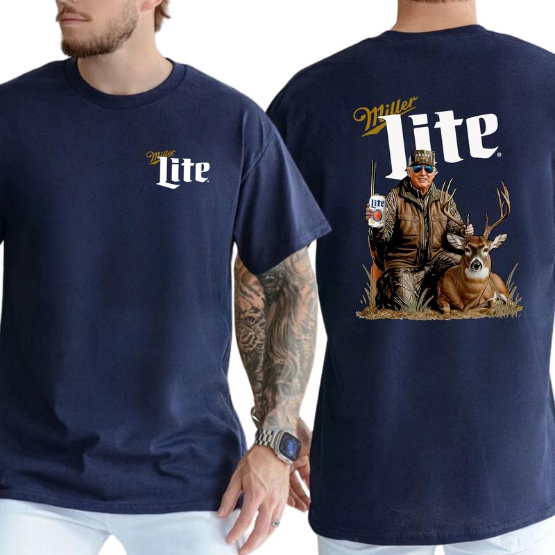 Camo Hunter Trummp With Miler Lite Beer Shirt 2-Sided, Vintage Men's Buck Hunting Tshirt, Beer Drinking Tee, Unisex Hunt Tops, Classic Casual Menswear