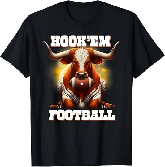 Hook'em State Of Texas Football Ưith Hair And Horns T-Shirt, Texas Longh0rns Tee, Football Shirt, Bevo Shirt