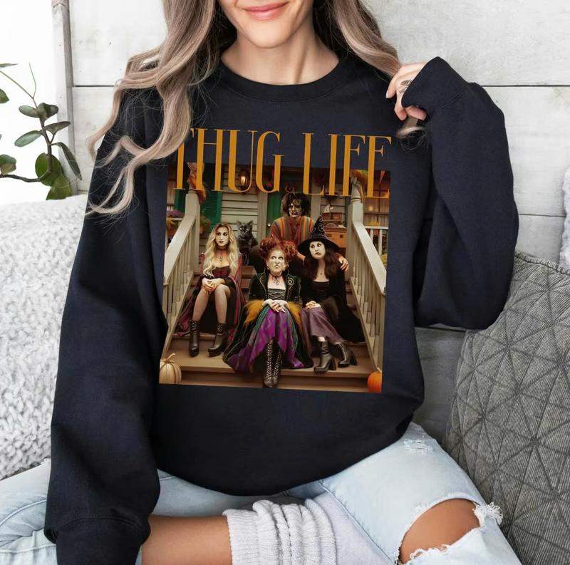 Thug Life Halloween Bad W1tches Shirt, Retro Halloween Character Shirt, Halloween S4nderson Sisters Gift Casual Cotton Fabric Sleeve Top Womenswear