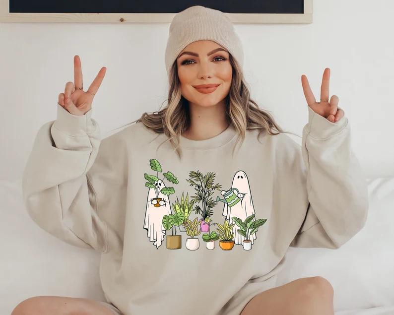 Funny Plant Ghost Sweatshirt, Halloween Plant Lady Shirt, Plant Lover Gift, Ghost Crewneck Sweatshirt, Spooky Gardener Shirt