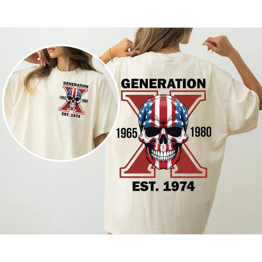Custom Est.Year 1974 Flag Skull Proud Member GenerationX 2 Side Shirt, GenX T-shirt, Skull GenerationX Shirt, Flag Skull Shirt V2