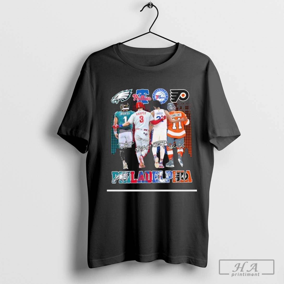 Philadelphia Jalen Hurts Bryce Harper Joel Embiid And Travis Konecny 2024 Signatures Shirt