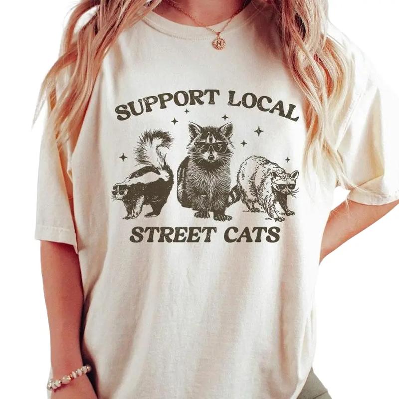 Support Your Local Street Cats Graphic T-Shirt, Retro Unisex Adult T Shirt, Vintage Raccoon T-Shirt, Nostalgia Shirt, Relaxed Cotton Tees, Raccoon Lov