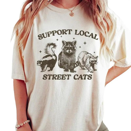Support Your Local Street Cats Graphic T-Shirt, Retro Unisex Adult T Shirt, Vintage Raccoon T-Shirt, Nostalgia Shirt, Relaxed Cotton Tees, Raccoon Lov