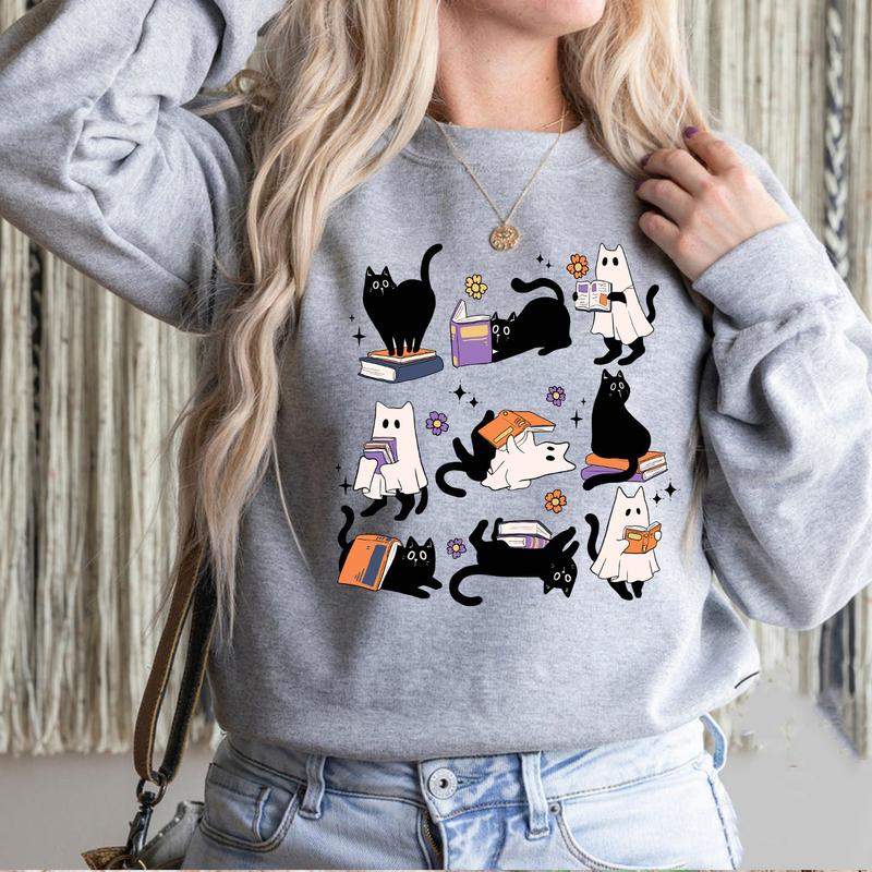 Cats Book Shirt, Halloween Cat SweatShirt, Ghost TShirt, Halloween Black Cat Shirt, Cat Lover Shirt, Spooky Season