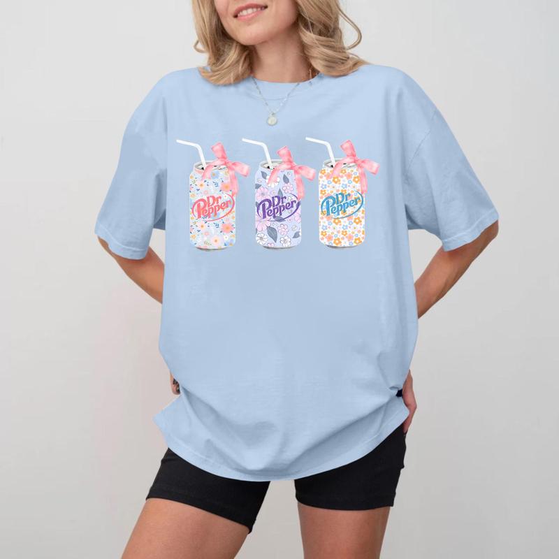 Dr. Pepper Flowers Cans T-Shirt, Cute and Trendy Pink Bow Tee, Unique Unisex Graphic Shirt, Gifts for Soda Lovers with Rose Accents