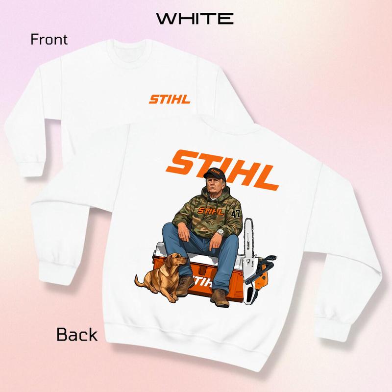 Stihl Trump Hoodie with Chainsaw Graphic Tee for Men - Full Color Cotton T-Shirt - Classic Menswear Camo
