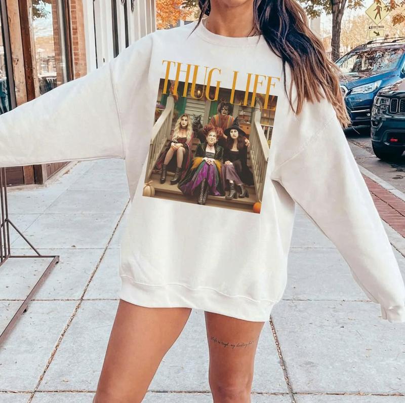 Thug Life Halloween Bad W1tches Shirt, Retro Halloween Character Shirt, Halloween S4nderson Sisters Gift Casual Cotton Fabric Sleeve Top Womenswear