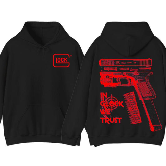 Classic IN GLOCK WE TRUST Double Side Hoodie - Full Color Red Design, Unisex Sweatshirt with Long Sleeve, Glock Shirt