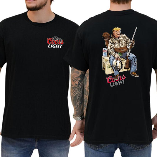 Camo Hunter Trummpp with Dog Coors Light Beer Shirt 2-Sided, Men's Hunting Graphic Tee, Drinking Shirt, Vintage Hunt Tops, Classic Casual Menswear Cot