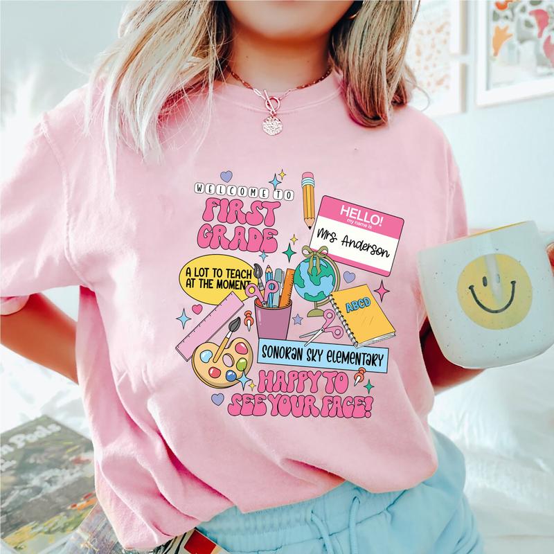 Welcome To 1st Grade Happy To See Your Face Shirt, Happy First Day Of School 1st Grade Teacher Shirt, Custom Name Shirt, Personalized Teacher Shirt (P