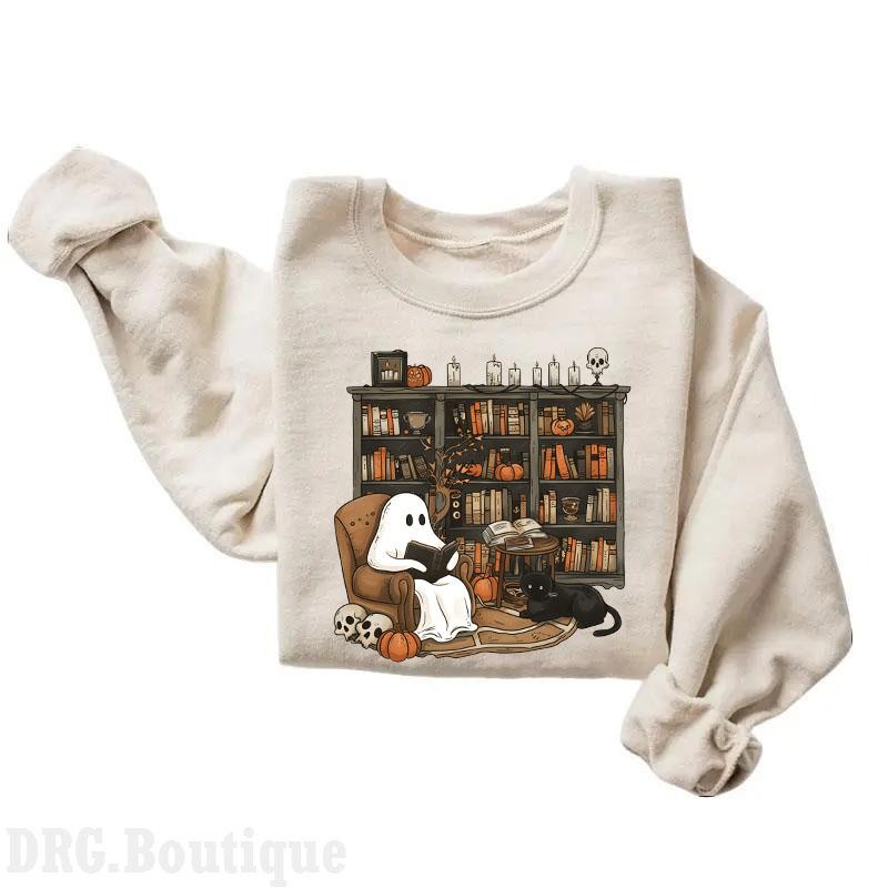 Retro Ghost Reading Books Crewneck Sweatshirt, Librarian Ghost Halloween 2024 Merch Women's Shirt, Halloween Teacher Sweatshirt, Halloween Gift Sweats