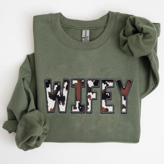 Western Wifey Sweatshirt, Cow Print Wifey Sweatshirt- Printed Classic Cotton