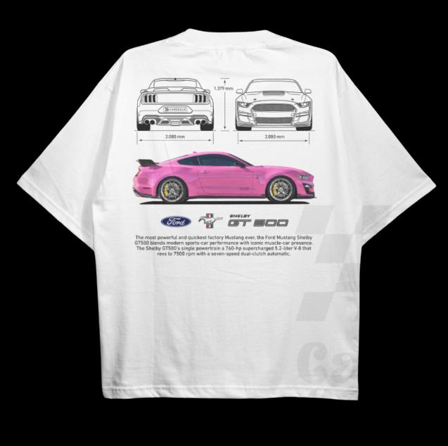 Drive in Style Car-Themed T-Shirts, Mustang Shelby GT500 WHITE T-Shirt, Mustang Shelby GT500 Technical Specs T-Shirt, Racing Shirt, Sport Car Shirt