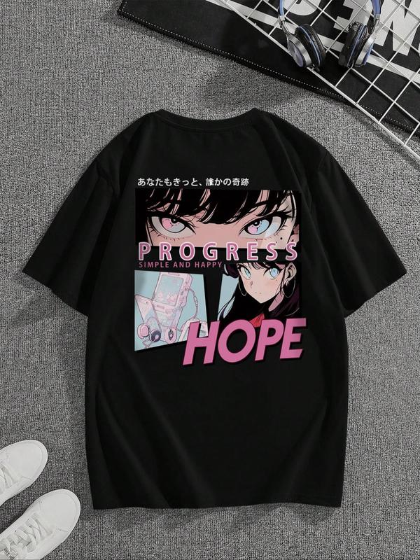 Men's Letter & Anime Cartoon Figure Print Drop Shoulder Tee, Regular FitÂ Casual Short Sleeve Round Neck T-Shirt for Summer, Men'sÂ Streetwear Top for D