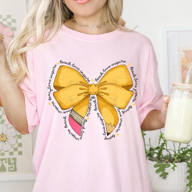 Coquette Teacher Shirt, Pencil Bow Teacher Graphic Tee, Back To School Outfit, First Day Of School, Gift for Teacher, Teacher Crew Matching Shirt Casu