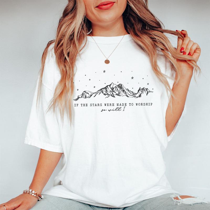 If the Stars Were Made to Worship So Will I Shirt, Christian Faith T-Shirt, Inspirational Religious Tee, Mountains and Stars Design, Comfortable Casua
