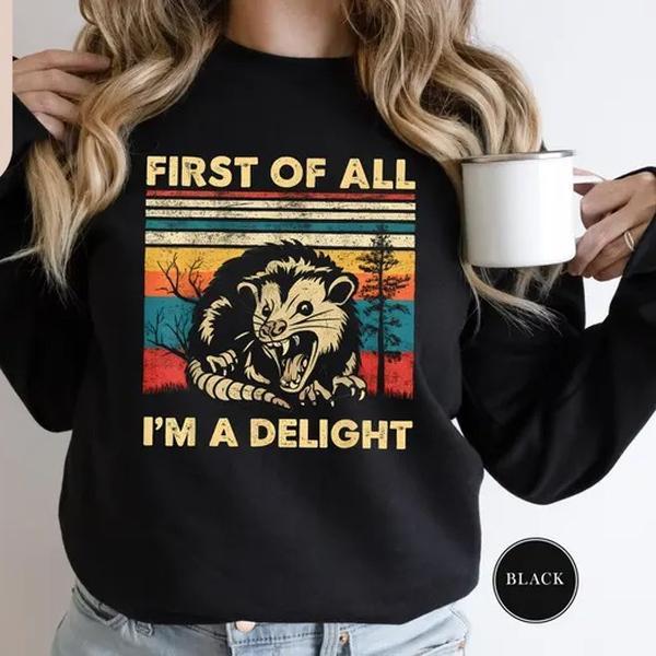 First Of All I'm A Delight Sweatshirt, Angry Possum Sweatshirt, Sarcastic Sweatshirt, Possum Lover Gift, Funny Animal Sweat, Meme Sweatshirt