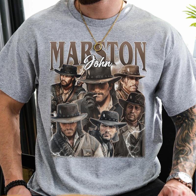 John Marston RDR Vintage T-Shirt, John Marston Red Dad Redemption Shirt, Gift For Game Lovers Casual Clothing Fabric Menswear Top  Sweatshirts