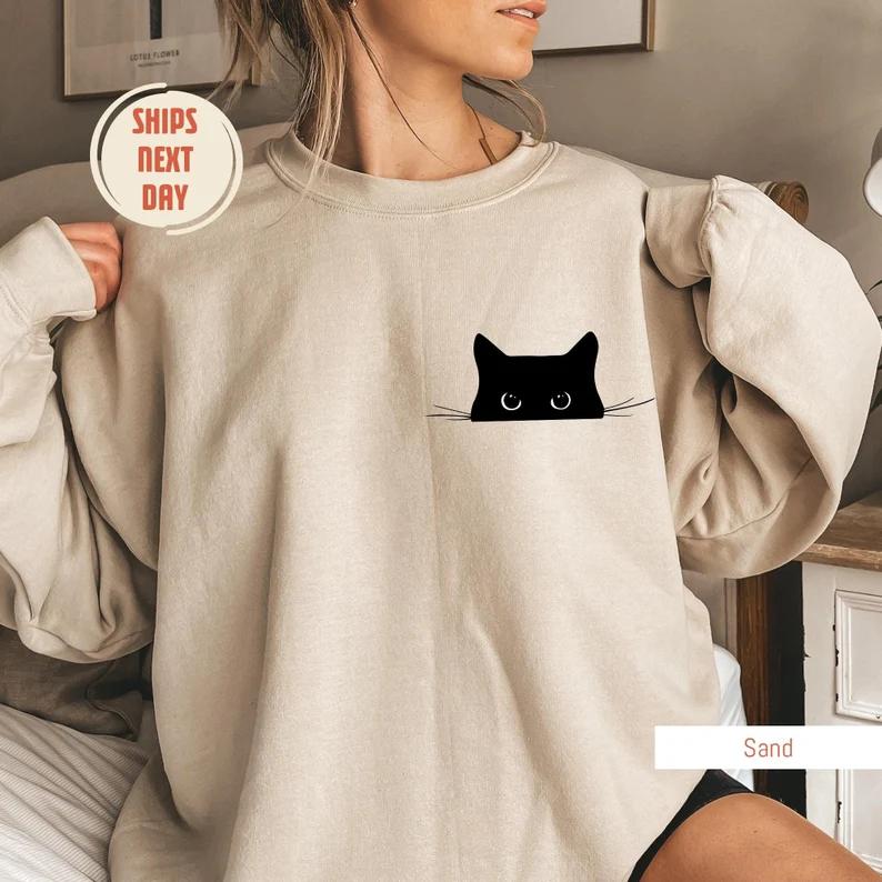 Cat Sweatshirt, Cute Cat Sweatshirt, Black Cat Shirt, Cat Peeking Sweatshirt, Womens Funny Sweater, Gift for Cats Lover, Cat Mom Sweatshirt