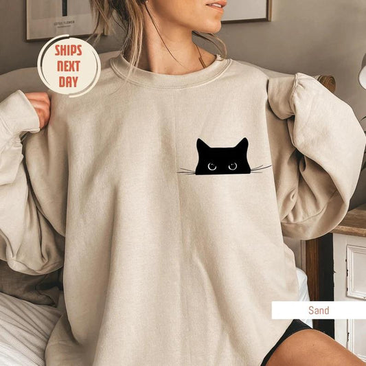 Cat Sweatshirt, Cute Cat Sweatshirt, Black Cat Shirt, Cat Peeking Sweatshirt, Womens Funny Sweater, Gift for Cats Lover, Cat Mom Sweatshirt