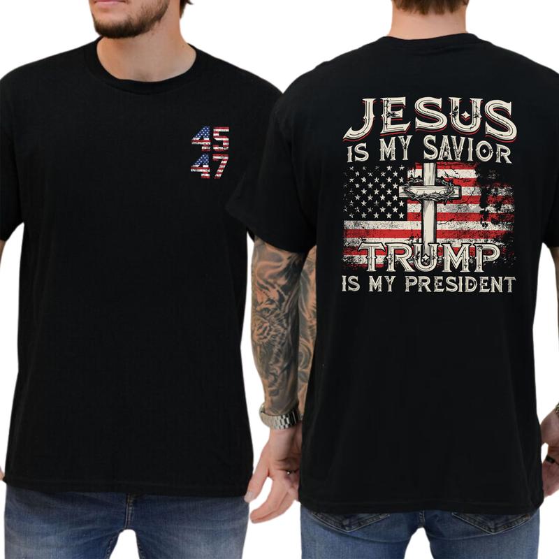 Jesus Is My Savior Trump Is My President T-Shirt, Patriotic Christian Shirts, Religious Political Statement Tee, American Flag Design