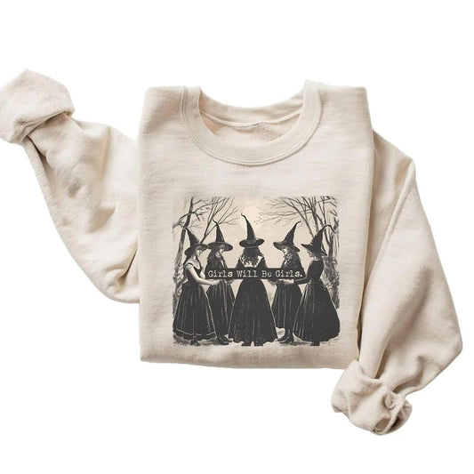 Girls Will Be Girls Witch Sweatshirt, Funny Witch Crewneck, Feminist Shirt, Girls Power, Womenswear Graphic Tops