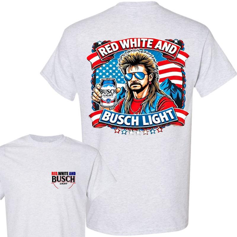 Busch Light -Beer- July 4th Busch Beer 2-sided Shirt  Merica, Forth of July, Red White and Blue, Joe Dirt, Casual Graphic Round Neck T-shirt for Summe