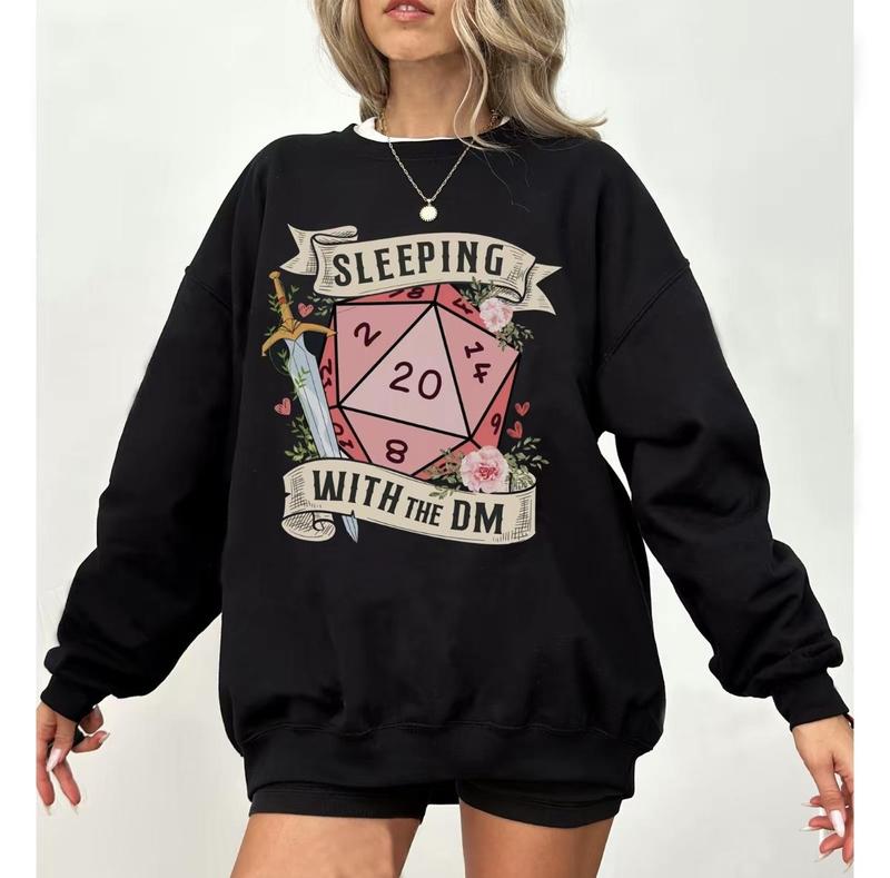 SLEEPING with the DUNGEON MASTER T-Shirt Sweatshirt for Women - Pink Cotton Hoodie with D20 Design, Casual Style, Ideal for Dungeons and Dragons Fans