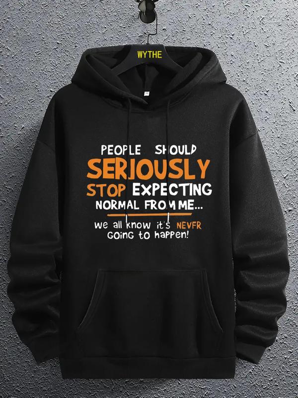 Letter Print Men's Casual Hoodie with Drawstring Pockets, Regular Fit Sweatshirt, 2000s Y2K Clothes for Fall & Winter, Fashionable Wear